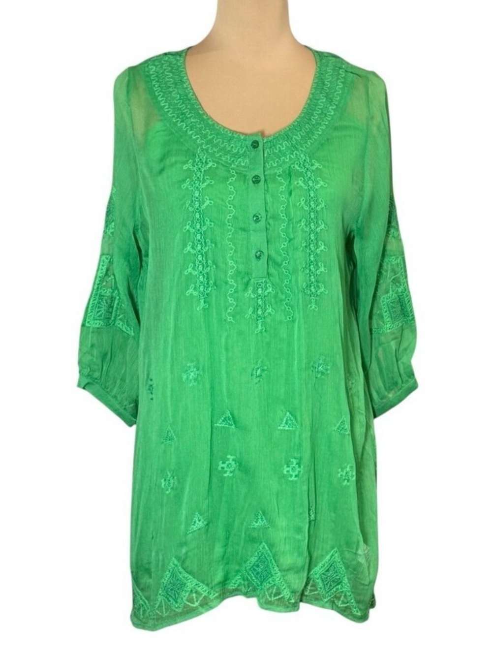 NWOT Anthropologie Boho Embroidered Tunic Top Sz L Green Cottage Peasant